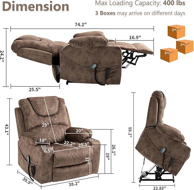Oversized Power Lift Recliner Chair for Big and Tall 400 LBS Dual Motor Electric Recliner with Heat Massage 180° Zero Gravity Sofa Chair for Living Room Home Theater Velvet Brown