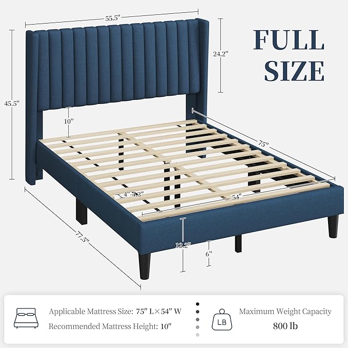 Yaheetech Full Size Bed Frame Upholstered Platform Bed with Wing Edge Headboard Square Tufted Fabric/Mattress Foundation/Wooden Slats Support/No Box Spring Needed/Easy Assembly/Navy Blue