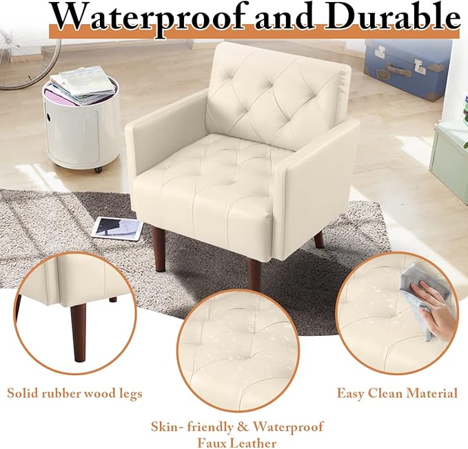 Faux Leather Accent Chair Modern Retro Arm Chair for Living Room and Bedroom Tufted Upholstered Sofa Club Chair Comfy Armchair for Small Spaces Bedroom Office (Beige)