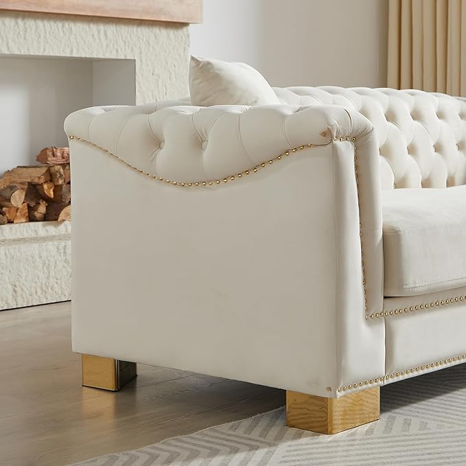 84 Chesterfield Sofa 3 Seater Tufted Velvet Couch with Rolled Arms Mid Century Modern Love Seat with Nailhead Trim&ampRemovable Cushions&ampGold Block Legs Comfy Deep Seat Couches for Living Roo