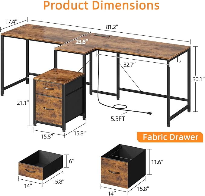 T-Shaped 2 Person Desk with Power Outlet Long Two Person Gaming Table with LED &amp Fabric Drawers 81.2'' Computer Desks with File Cabinet Double Workstation for Home Office Rustic Brown