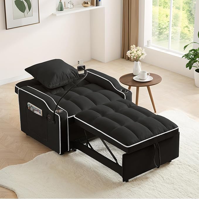 Convertible Sleeper Sofa Chair Bed 3 in 1 Velvet Single Small Futon Sofa Bed with Phone Holder &amp USB PortsPull Out Couch Recliner with Adjustable Backrest for Living Room Office Small Place(Bl