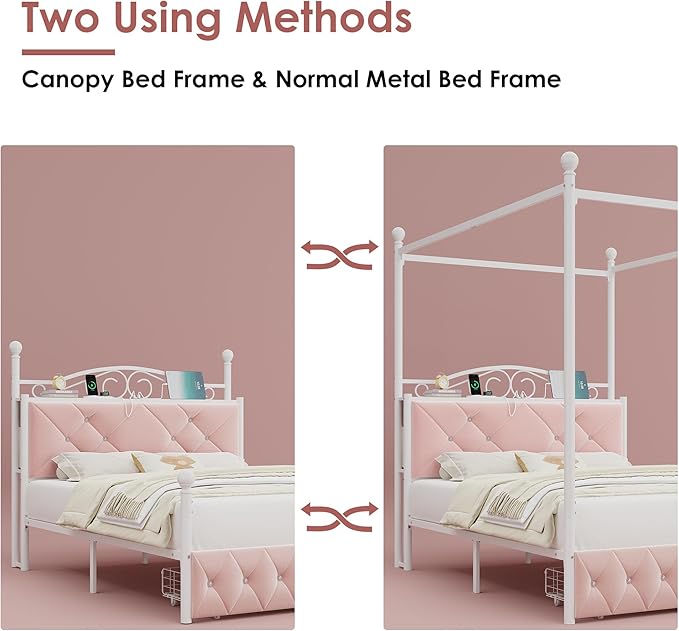 Queen Upholstered Canopy Bed Frame with 2 Drawers &amp Crystal Tufted Storage Headboard Two-Purpose Metal Platform Bed with 4 Removable Posts &amp Charging Station Pink Princess Bed Curtain Not Inc