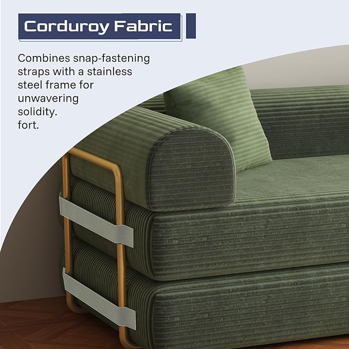 Compression Sofa 75 inch Convertible Floor Sofa Bed 2-in-1 Foldable Frameless Sofa Memory Foam Mattress Corduroy Fabric Pulls Out Couch Suitable for Living Rooms 、Apartments Green (2 Pillows)