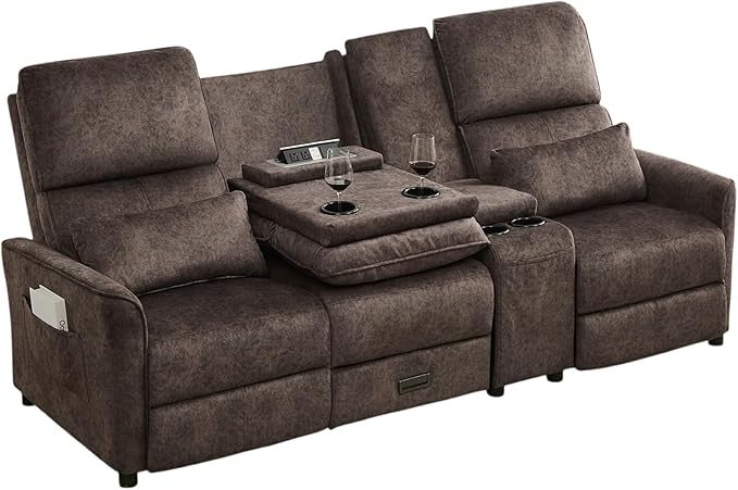 Reclining Loveseat Sofa 3 Seat Manual Recliner Couch with Flip Middle Backrest Console Wall Hugger Storage Drawer &amp Cup Holder for RV &amp Living Room Seating (Brown 3 seat &amp Console)