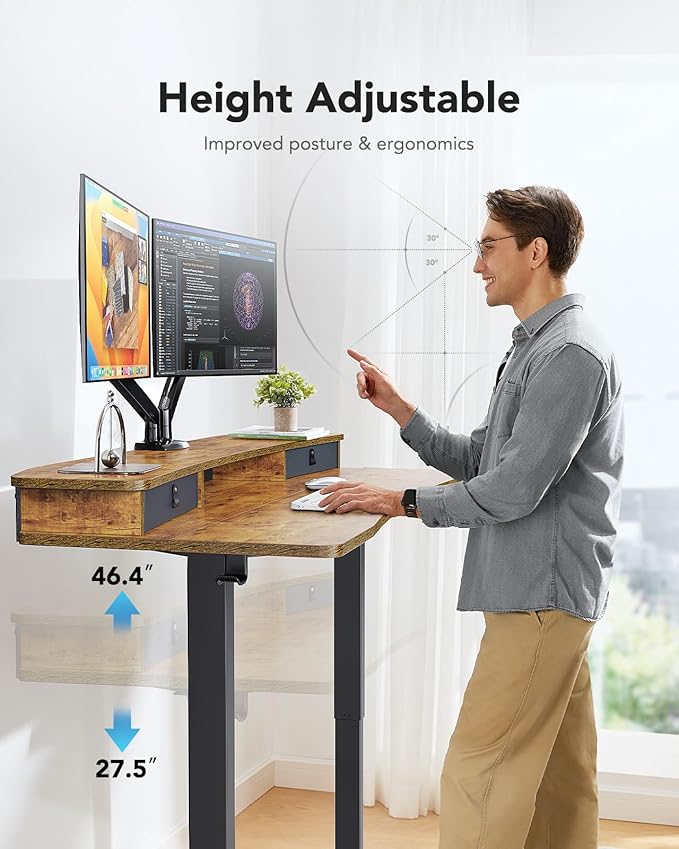 HUANUO 48″ x 24″ Electric Standing Desk with 2 Drawers C-Clamp Mount Compatible Height Adjustable Computer Desk Home Office Stand Up Desk with 4 Preset Heights &amp 2 Hooks Vintage Brown
