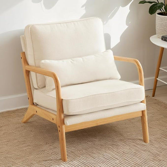 Karl home Accent Chair Mid-Century Modern Chair with Pillow Upholstered Lounge Arm Chair with Solid Wood Frame &amp Soft Cushion for Living Room Bedroom Balcony Linen White (Low Back)