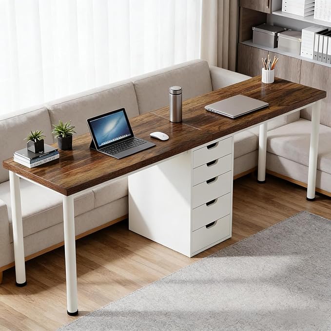 79 2 Person Desk with Drawers Double Computer Desk with Storage Cabinet Large Writing Home Office Desks Wood Two Person Desk with Metal Legs for Study Gaming