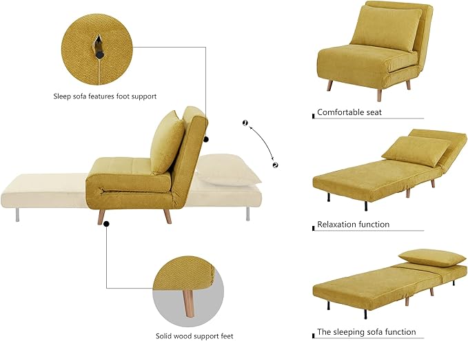 31 Convertible Sleeper Chair 3-in-1 Foldable Chair Bed with Pillow 3-Position Adjustable Backrest Single Sofa Bed for Apartment Office Mustard Yellow