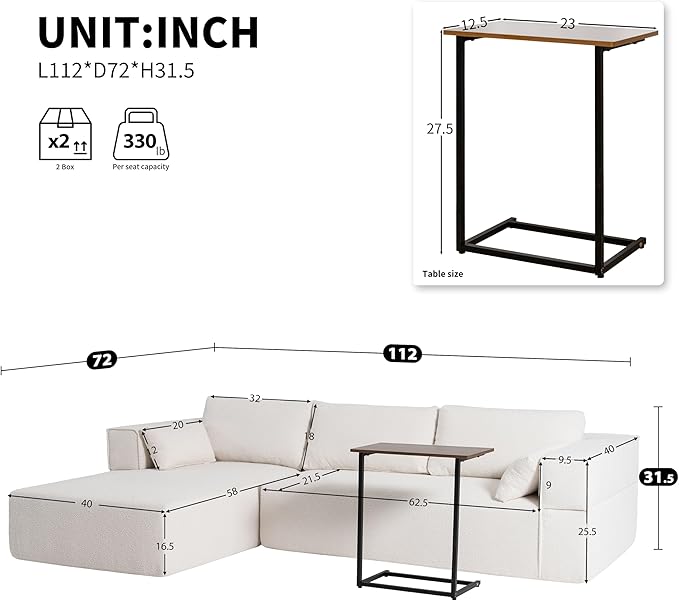 112 Modular Sectional Cloud Couch with Left Facing ChaiseBoneless Compressed Sofa Couch SectionalBoucle FabricIncludes Side Table and PillowsNo Assembly NeededWhite
