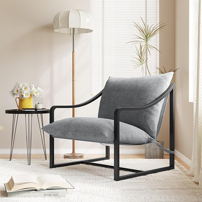 IDEALHOUSE Mid-Century Modern Sling Accent Chair Comfy Fabric Living Room Chairs with Heavy Duty Metal Frame Lounge Reading Armchair for Living Room Bedroom Easy Assembly Grey