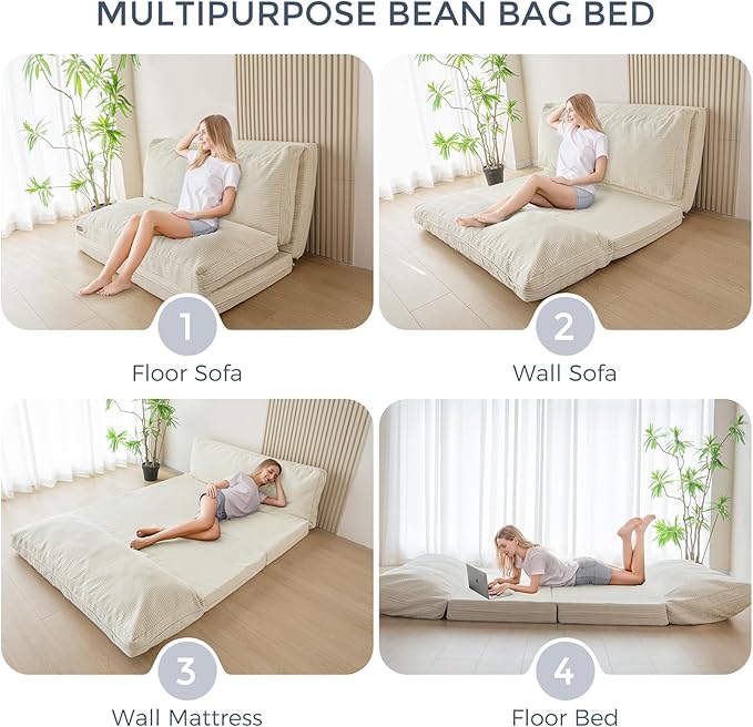 MAXYOYO Folding Sofa Bed Extra Thick and Long Floor Sofa Convertible Sleeper Chair with Washable Cover Floor Couch Lounge Bean Bag Bed for Living Room Beige 30x95 Inch