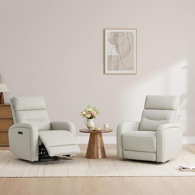 Watson &amp Whitely Swivel Recliner with Power Headrest Recliner Chairs for Adults Small Glider Rocker for Living Room Faux Leather in Cream