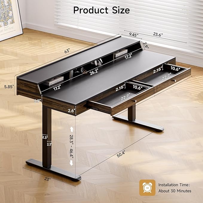 ONBRILL Modern Standing Desk with Storage 63x23.6 Inch Electric Adjustable Height Desk with 2 Drawers 3 Open Storage Zones Black