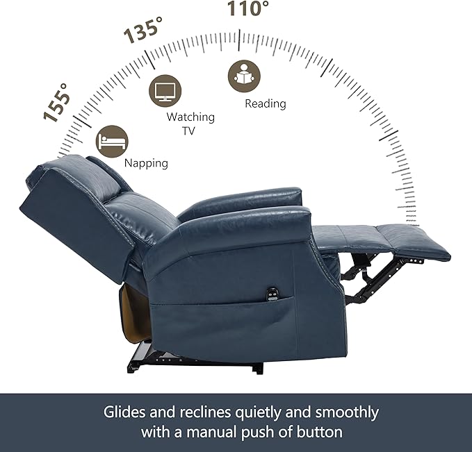 Manual Recliner Chair Faux Leather Push Back Recliners with Vibration Massage Lumbar Heat Living Room Single Sofa Reclining Rivet Design Chair Blue
