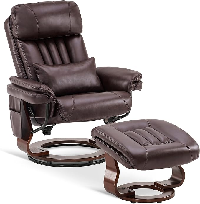 MCombo Swivel Recliner with Ottoman Faux Leather TV Chair with Vibration Massage Ideal for RV Small Space Living Room &amp Bedroom 4999 (Faux Leather Dark Brown)