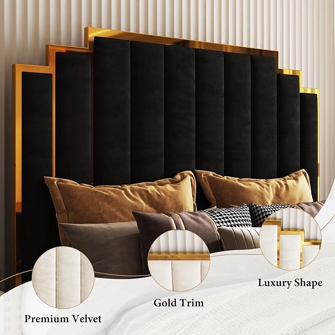 AMERLIFE King Size Upholstered Bed Modern Velvet Bed Frame with 65.4” Tall Gold Trim Headboard No Box Spring Needed Black