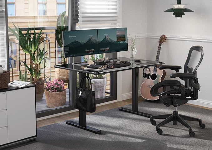 Glass Standing Desk 40 X 24 Inch Electric Stand Up Desk with Hook and Multi-Function Keyboard Quick Install Home Office Computer Desk (Black 40 X 24 Inch)