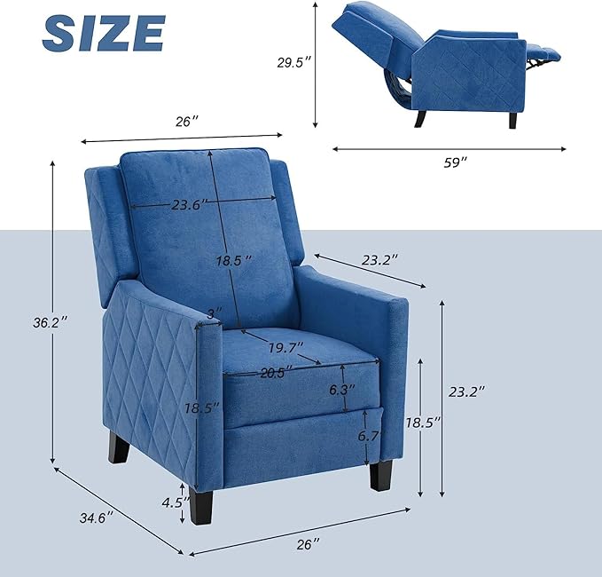 AVAWING Push Back Recliner Chair Wing Back Chairs with Arms Mid-Century Vintage Accent Chair for Living Room Polyester Blue