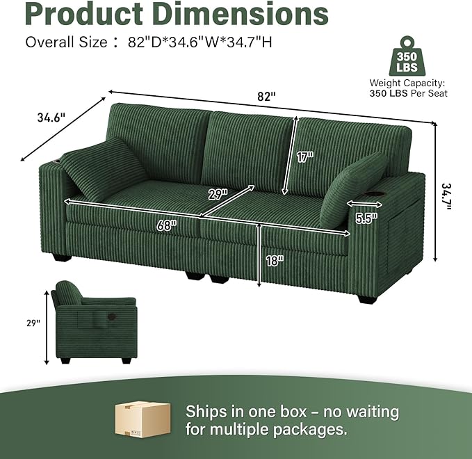 OUYESSIR 82 Loveseat Sofa for Living RoomModern Sofa with USB Charging Ports &amp Cup HoldersComfy Corduroy Couch with Upholstered Cushion3 Seater Deep Seat Couch for Small SpaceBedroom Green