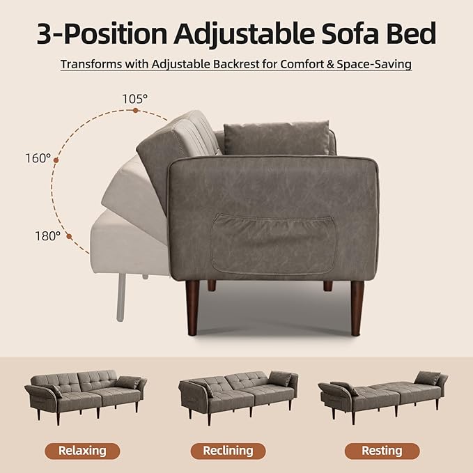 Futon Sofa Bed Sleeper Sofa Small Couch with Storage Adjustable Armrests Pillows Faux Leather Loveseat Mid Century Modern Couches for Living Room Bedroom Apartment Grey