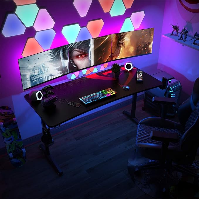 EUREKA ERGONOMIC Gaming Desk 60 inch Computer Desk with Full Mouse Pad Large Gaming Table for 3 MonitorsUSB Handle Rack Cup Holder Headphone Hook Carbon Fiber Black