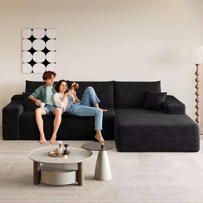 107.5 L-Shaped Sectional Modern Boneless Corduroy Couch with Chaise-No Assembly Required! Deep-Seat Upholstered Modular Cloud Sofa for Living Room Plush Corduroy Fabric (BlackRight Facing Chaise)