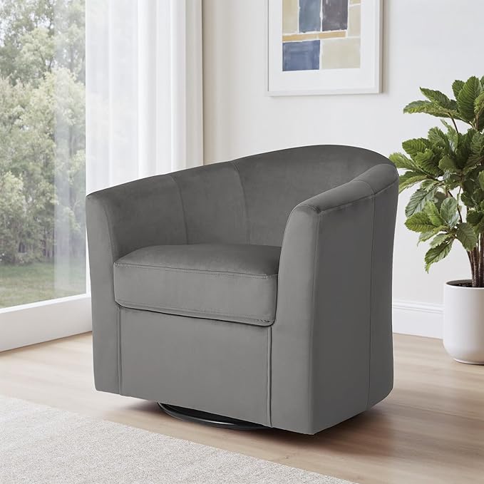 Swivel Accent Chair Upholstered Velvet Barrel Armchair Modern Round Single Sofa Seating Comfy Reading Corner Chairs for Living Room Bedroom Fully Assembled (Velvet Grey Set of 1)