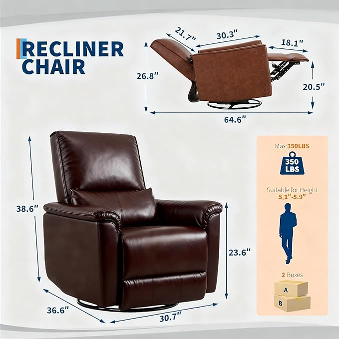 GAOMON Swivel Rocking Recliner Chair Manual Leather Recliner Glider with Lumbar Support &amp Padded Armrest Comfortable Rocker Nursery Single Sofa for Living Room and Bedroom (Dark Brown)