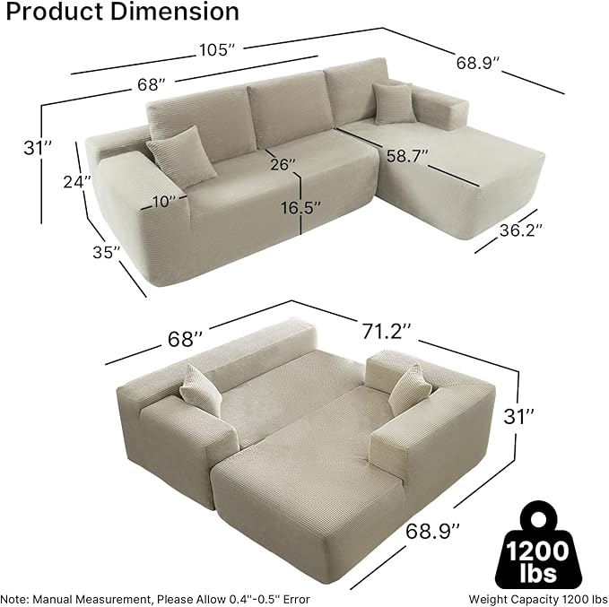 105 L-Shaped Boneless Couch Cloud Sectional Couches for Living Room Corduroy Sleeper Sofa with Chaise Modular Sectional Sofa Bed No Assembly(CamelRight)