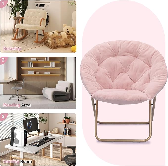 Round Saucer Chair for Teens and Adults Faux Fur Folding Living Room Cozy Moon Chair (Light Pink)