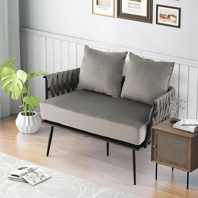 KOMFOTT 43” Loveseat Sofa Modern Upholstered 2-Seat Sofa with 2 Back Pillows Woven Backrest &amp Armrest Mid Century Modern Dutch Velvet Sofa for Living Room Bedroom Apartment (Gray)