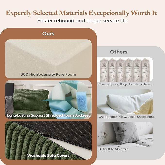 106 3-Seater Sofa Cloud Modular Sofa with Certified Foam Upholstered Floor Sofa with Deep Seat Sofa for Bedroom Living Room No Assembly Required (Green Plush Corduroy Fabric)