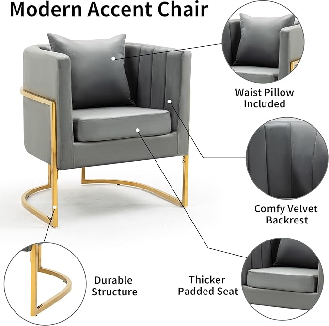 Velvet Modern Accent Chair Upholstered Barrel Armchair Mid Century with Pillow for Living Room Comfy Single Vanity Chair with Metal Gold Legs for Bedroom Grey