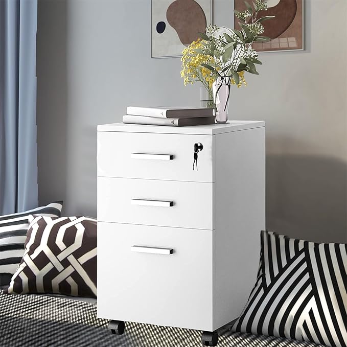 3 Drawer Mobile File Cabinet with Lock360 Degree Casters Large Capacity Spacious Desktop Heightening Design File Cabinet 3 Drawer Rolling Office Bookcase with Lock White