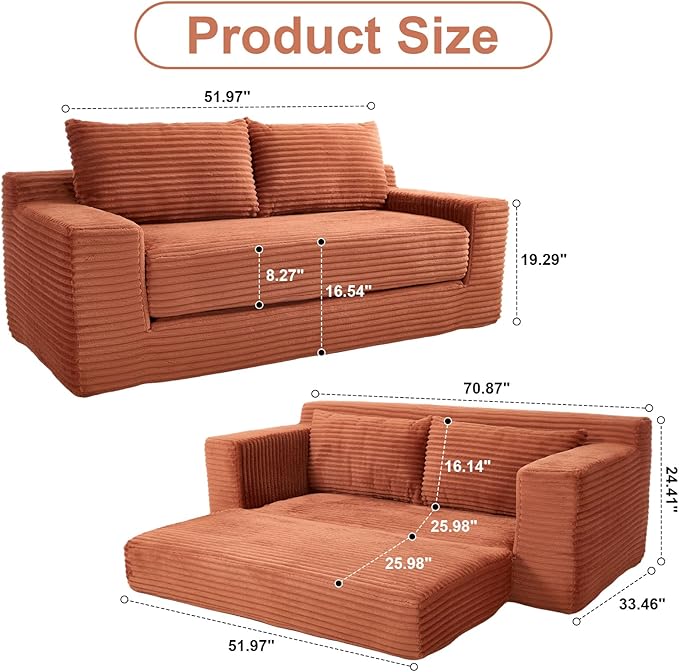 GNIXUU Corduroy Cloud Loveseat Sofa 2 in 1 Convertible Sleeper Sofa with Fixed-Shape Frame Comfy Folding Boneless Love Seat Couches for Living Room Apartment Small Spaces. Orange