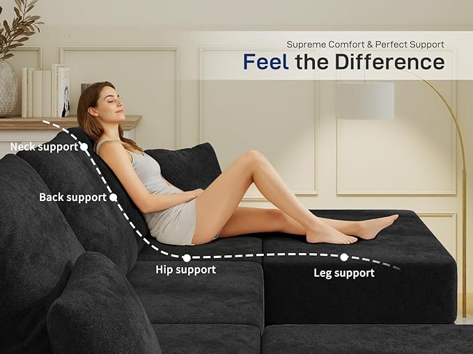 Cloud Modular Sectional Sofa Comfy Boneless Couch for Living Room Modern L-Shaped Couch with Reversible Chaise Customizable Sleeper Sofa with Non Slip No Assembly &amp Deep Seat Black