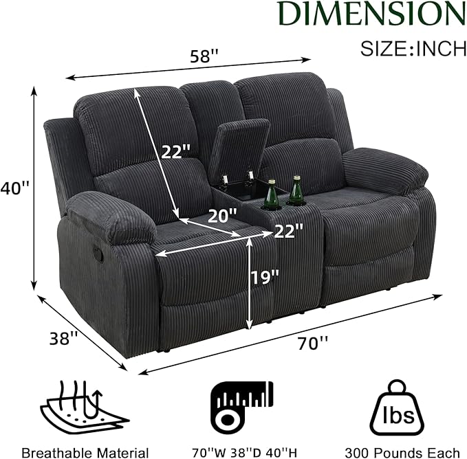 Recliner LoveseatFabric Reclining Sofa Set with Double Recliners for Living Room SetDark Gray Loveseat with Storage/Cup Holders for Living Room/Theater Seating/Rv Seating(2 Seater Couch)