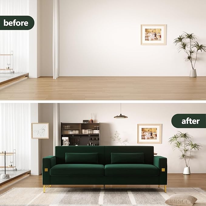 85.63'' Mid-Century Modern Green Velvet Sofa Couch with Metal Gold Legs 3 Seater Tufted Loveseat Couches with 2 Lumbar Pillows for Living Room and Apartment