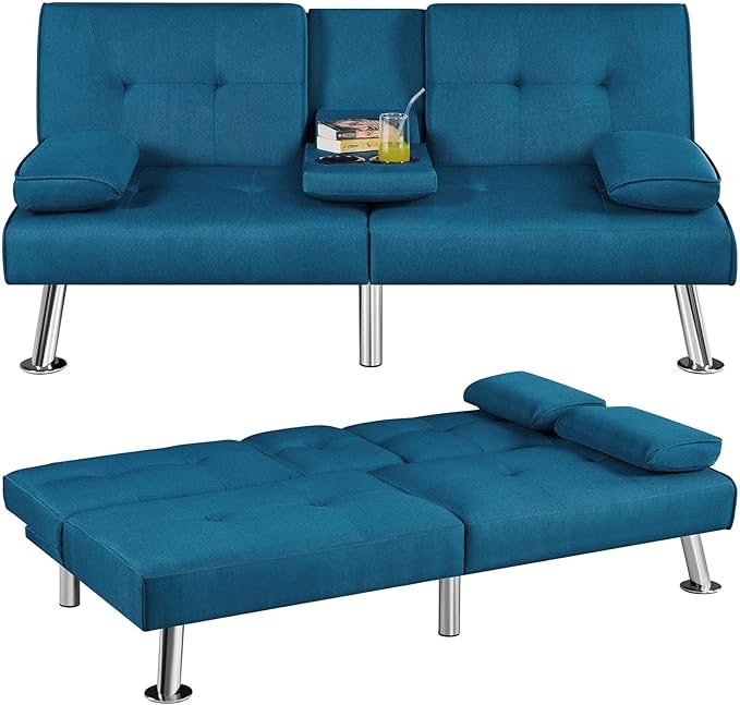 Yaheetech Convertible Sofa Bed Adjustable Fabric Couch Sleeper Modern Recliner Reversible Loveseat Folding Daybed Guest Bed Removable Armrests Cup Holders 3 Angles 772lb Capacity Aqua Blue
