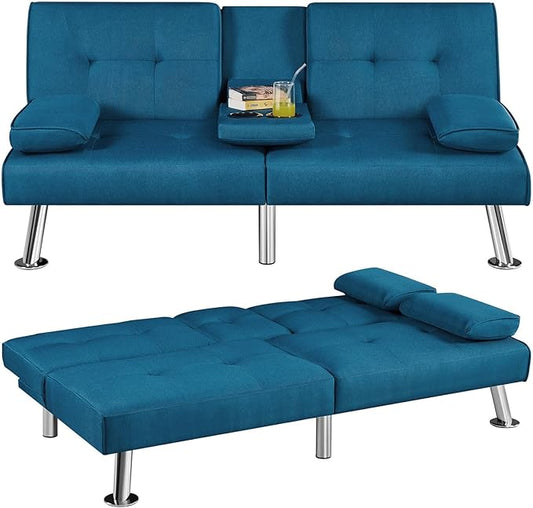 Yaheetech Convertible Sofa Bed Adjustable Fabric Couch Sleeper Modern Recliner Reversible Loveseat Folding Daybed Guest Bed Removable Armrests Cup Holders 3 Angles 772lb Capacity Aqua Blue