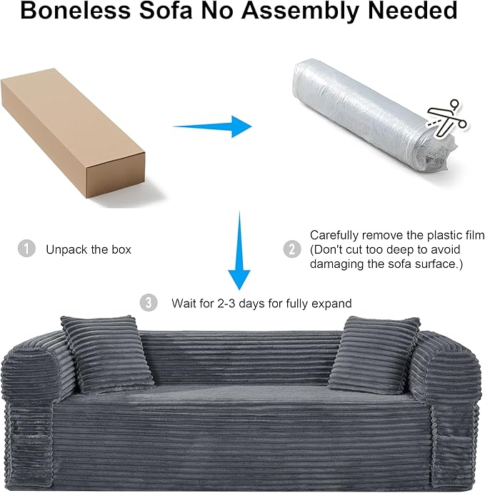 83'' Boneless Couch in A Box No Assembly Needed Sofa Bed Couch 3 Seater Corduroy Modern Cloud Sofa 29'' Deep Seat with 2 Pillows &amp Removable Backrest for Living Room Bedroom Apartment Gray | N