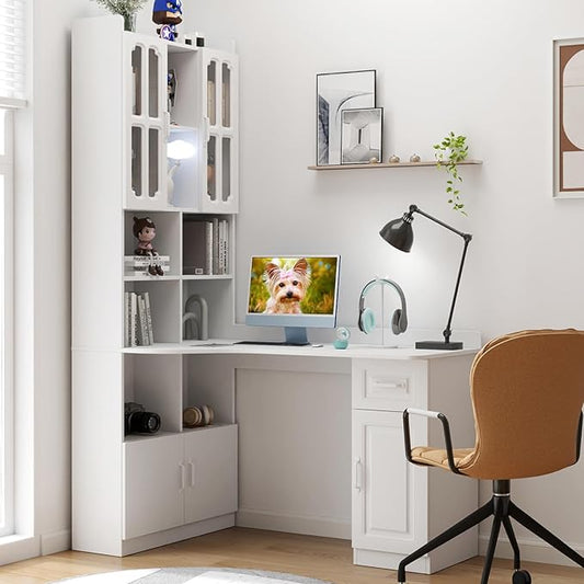 White Corner Desk with Bookshelf 2-in-1 L Shaped Desk with Hutch &amp Drawers Home Office Desk with Shelves &amp Storage Wooden Structure Easy Assembly (White)