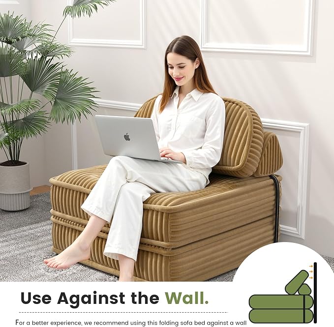 Foldable Sofa Bed in A BoxPortbale Compressed Chair BedCorduroy Convertible Twin Sleeper ChairFull Foam Fold Out Chaise Lounge for Living RoomBedroomApartment (Camel)