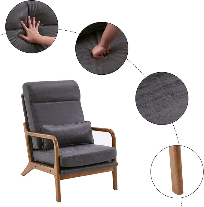 Karl home Accent Chair Mid-Century Modern Chair with Pillow High Back Bronzing Cloth Upholstered Lounge Arm Chair with Solid Wood Frame &amp Soft Cushion for Living Room Bedroom Balcony Dark Gray
