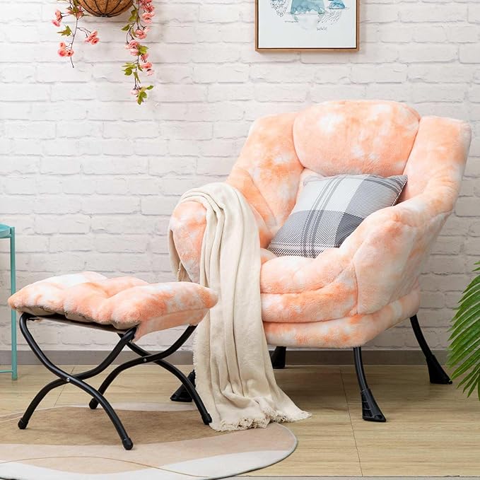 HollyHOME Lazy Chair with Foldable Ottoman Accent Comfy Lounge Armchair and Folding Footrest Stool Leisure Sofa Reading Chair and Footstool for Living Room Bedroom DormFaux Fur Peach