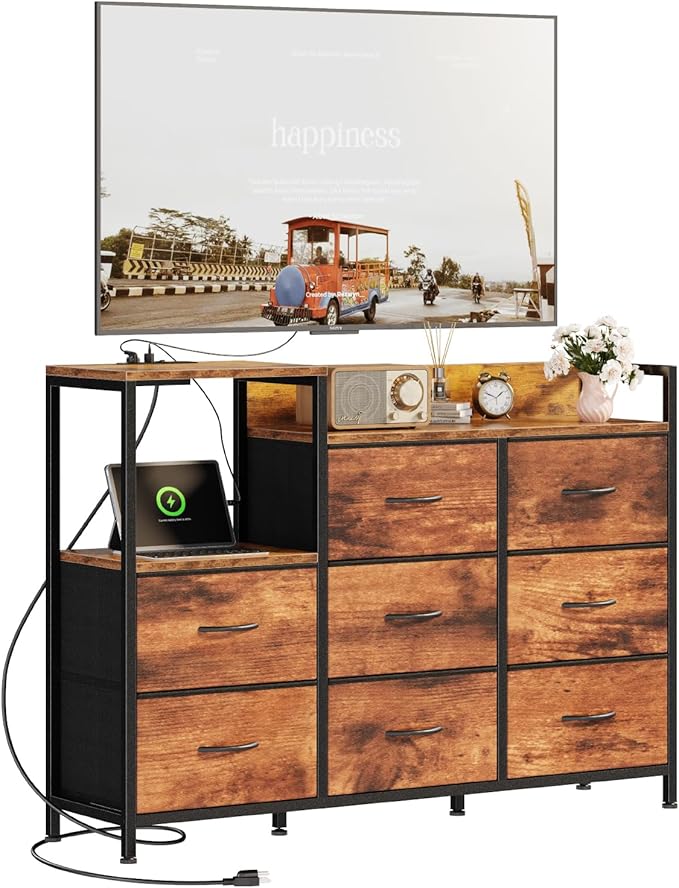 DUMOS TV Stand Dresser with 8 Fabric Drawers &amp Open Shelves TV Stand for Up to 45 inch TV with Wooden Top Entertainment Center with Charging Station for Living Room Hallway Brown