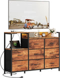DUMOS TV Stand Dresser with 8 Fabric Drawers &amp Open Shelves TV Stand for Up to 45 inch TV with Wooden Top Entertainment Center with Charging Station for Living Room Hallway Brown