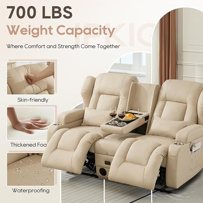 IPKIG 68 Loveseat Recliner Sofa Manual Rocker Reclining Couch with Fold Down Console Side Pocket Bluetooth Speaker Built-in Outlets Rocker Chair for Nursery Living Room Home Office (Beige)