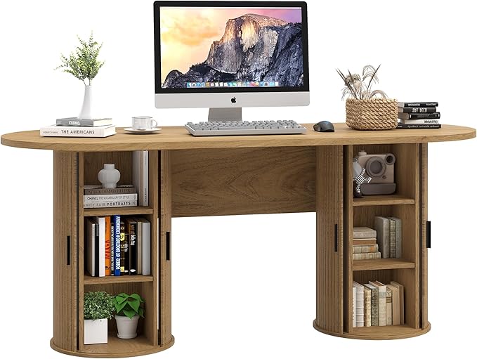 blini Executive Office Desk with Storage Fluted Wood Computer Desks with 2 Sliding Doors Mid Century Modern Oval Writing Table for Home Office Study Room Living Room